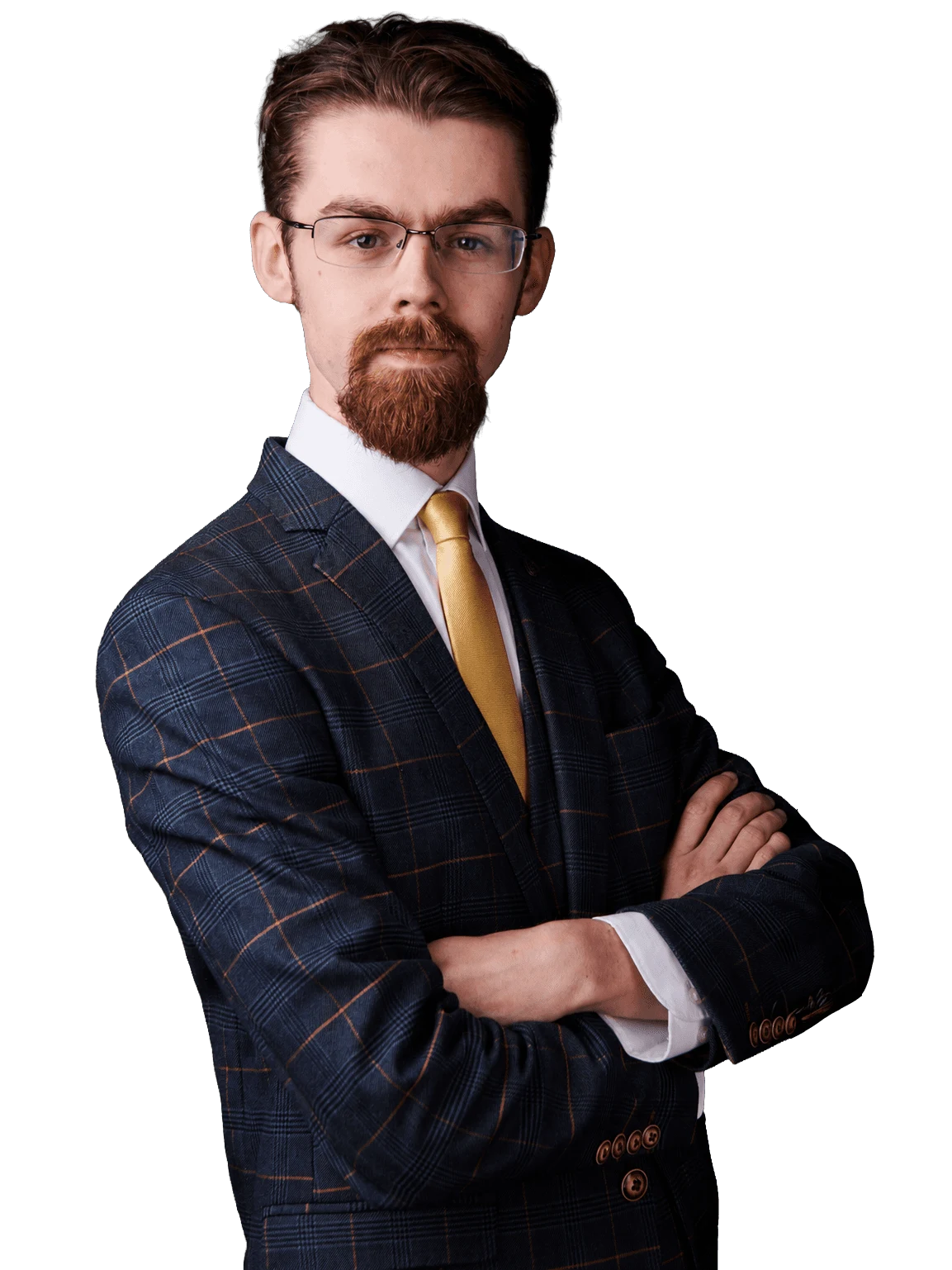 Reece Stone wearing a navy checked suit and gold tie